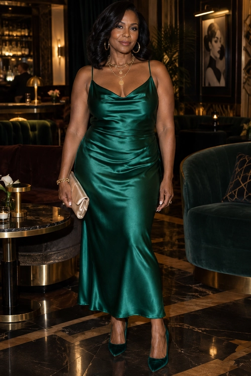 A woman wears an emerald green satin slip dress with pointed pumps, gold jewelry, and a cream clutch.
