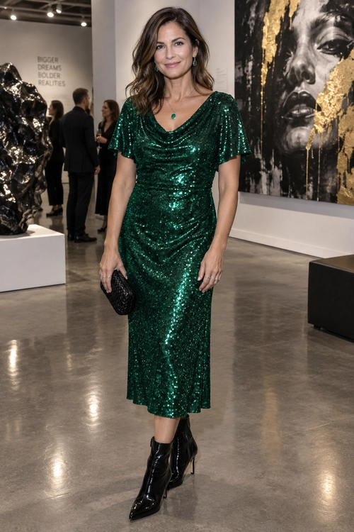 Woman wearing a green sequin midi dress with black pointed ankle boots and a black clutch.
