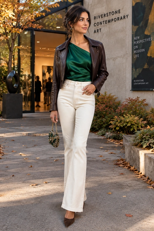 A woman wears an emerald green draped top, brown leather jacket, cream high-waisted jeans, pointed brown heels, and carries a small chain-handle handbag.