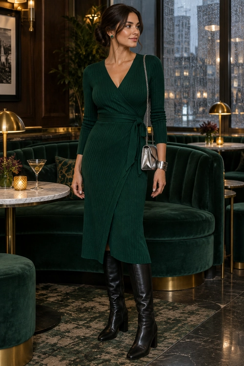 Woman wearing a dark green ribbed wrap dress with tall black boots and a silver chain shoulder bag.