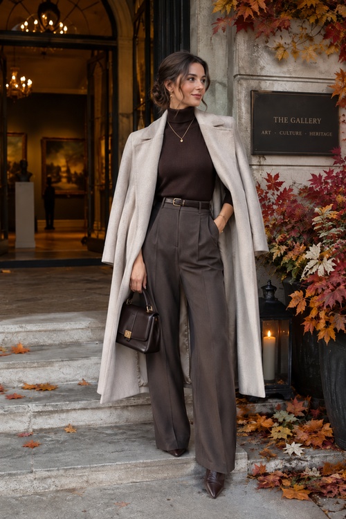 Woman in a cream coat, brown turtleneck, and wide-leg trousers outside an art gallery.