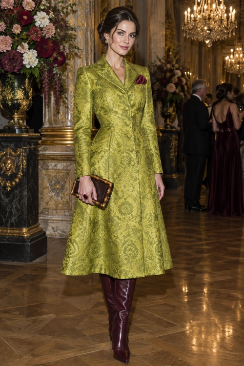 A woman wears a green brocade coat dress with a burgundy pocket square, burgundy knee-high boots, and a brown clutch.