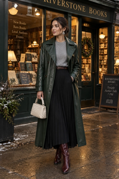 A woman wears a dark green leather coat over a gray sweater and black pleated skirt with burgundy boots and a cream woven handbag.