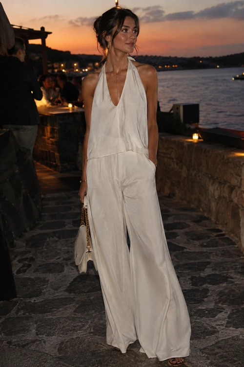 Ivory Halter Wide-Leg Look A woman wears an ivory halter jumpsuit with wide-leg trousers and carries a small white chain-strap bag at an outdoor waterfront setting.