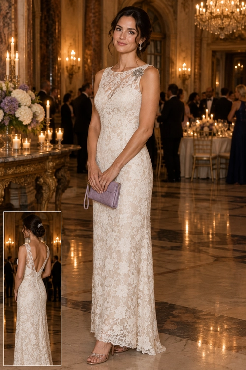 Woman wearing a sleeveless ivory lace floor-length gown with a lavender clutch and strappy metallic sandals at an elegant evening event.