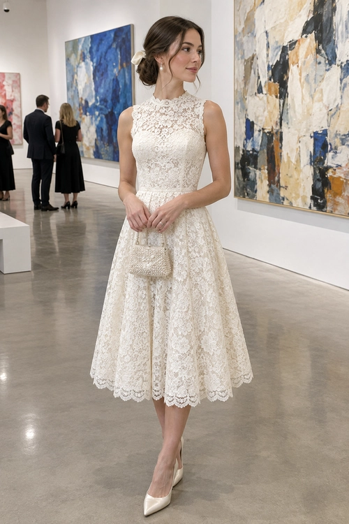 Ivory Lace Midi Dress Outfit Woman wearing an ivory sleeveless lace midi dress with a small textured clutch and pointed-toe heels in an art gallery.