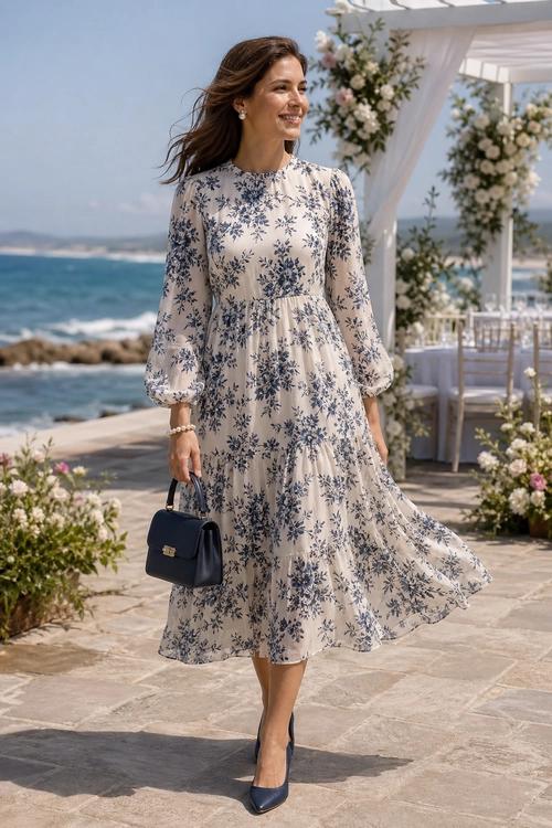 Woman wearing an ivory long-sleeve floral midi dress with navy accessories beside a seaside wedding setting.