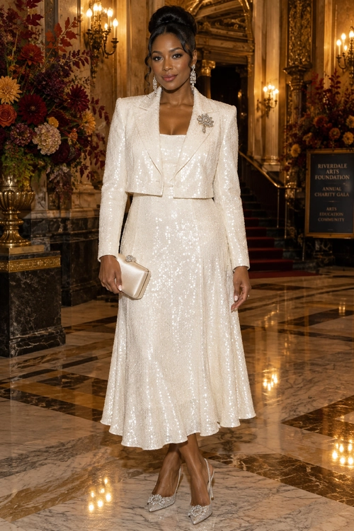 A woman wears an ivory sequined cropped blazer and flowing skirt with a brooch, clutch, drop earrings, and embellished pointed heels.