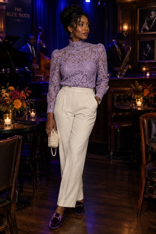 A woman wears a lavender high-neck lace blouse with cream tailored trousers, purple velvet loafers, and a pearl-embellished handbag.