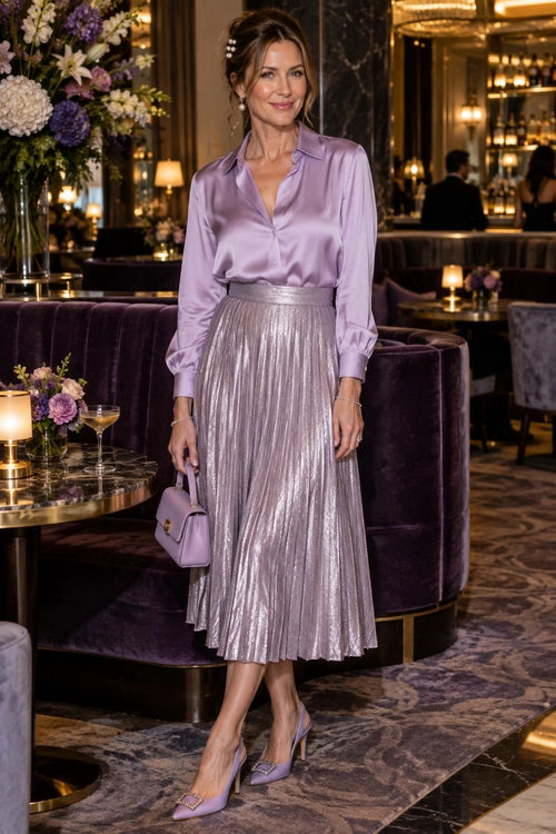 Lavender Satin Blouse and Pleated Midi Skirt A woman wears a lavender satin blouse with a metallic pleated midi skirt, matching handbag, and pointed heels.