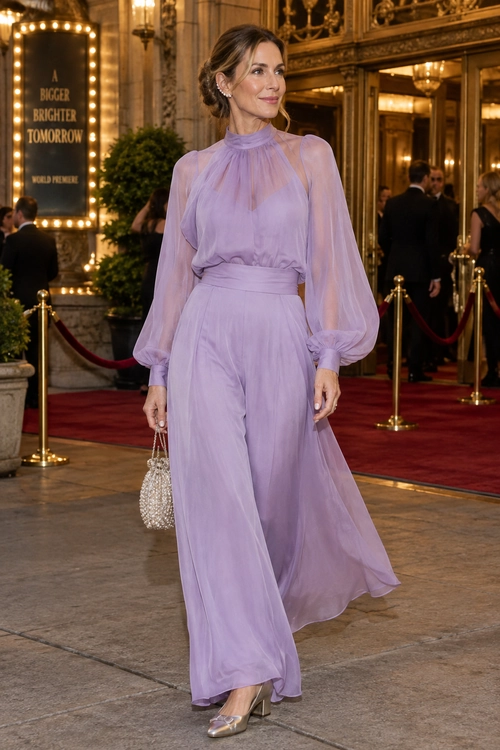 A woman wears a lavender high-neck jumpsuit with sheer puff sleeves, wide-leg trousers, a flowing overlay, a beaded clutch, and metallic pointed heels.