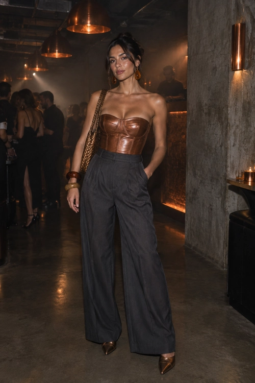 A woman wears a brown strapless leather corset with charcoal wide-leg trousers, pointed heels, and a woven shoulder bag.