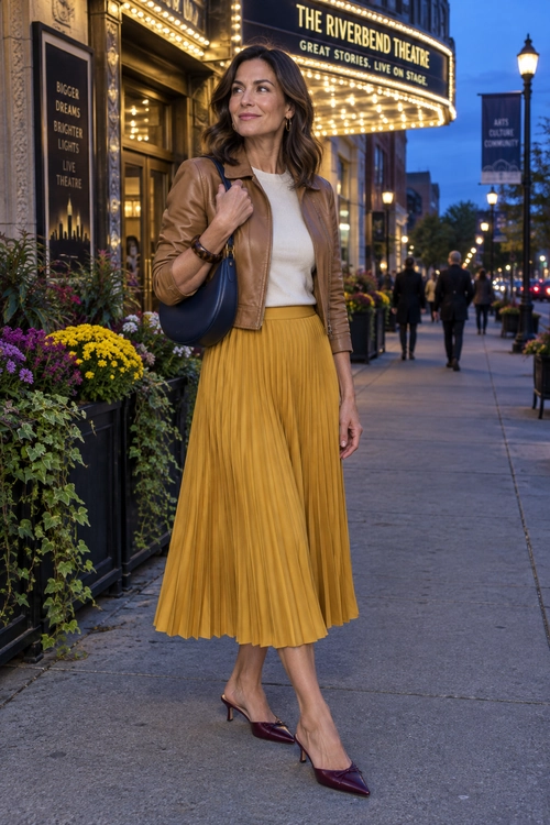 A woman wears a tan leather jacket over a cream top with a mustard pleated midi skirt, burgundy pointed heels, and a navy shoulder bag.
