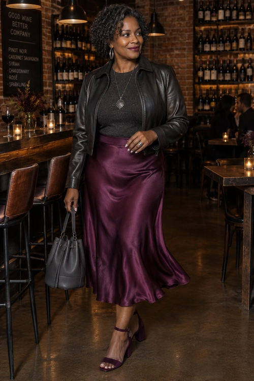 A woman wears a black leather jacket over a dark knit top with a plum satin midi skirt, heeled sandals, and a black handbag.