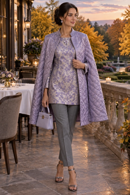 A woman wears a lilac quilted coat over a floral tunic with gray tailored trousers, strappy heels, and a matching lavender handbag.