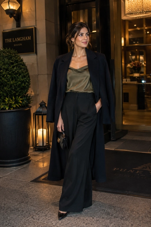 Woman wearing a long dark coat over an olive satin top with wide-leg trousers, pointed heels, and a small black handbag.