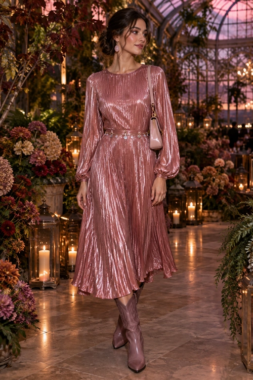 Mauve Metallic Pleated Dress A woman wears a mauve metallic pleated long-sleeve midi dress with matching knee-high boots and a small shoulder bag.