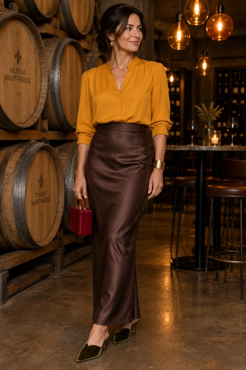 Mustard Blouse and Brown Satin Skirt A polished outfit featuring a mustard long-sleeve blouse, brown satin midi skirt, olive pointed mules, and a small red handbag.
