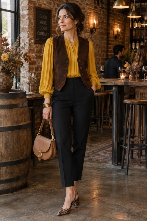A woman wears a mustard yellow blouse with a brown vest, black trousers, leopard-print flats, and a tan crossbody bag.