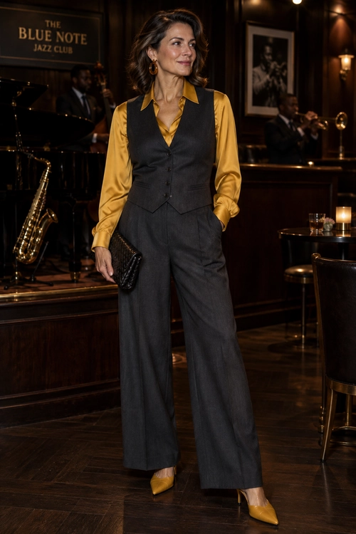 Mustard Blouse with Charcoal Tailoring A woman wears a mustard yellow blouse with a charcoal gray tailored vest, wide-leg trousers, pointed heels, and a black clutch.