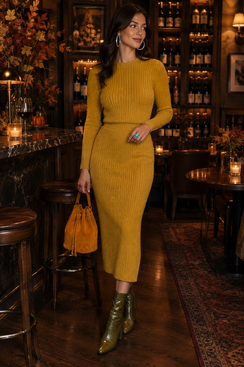 Mustard Knit Midi Dress Outfit A woman wears a mustard ribbed knit midi dress with olive green ankle boots, hoop earrings, and a tan drawstring handbag.
