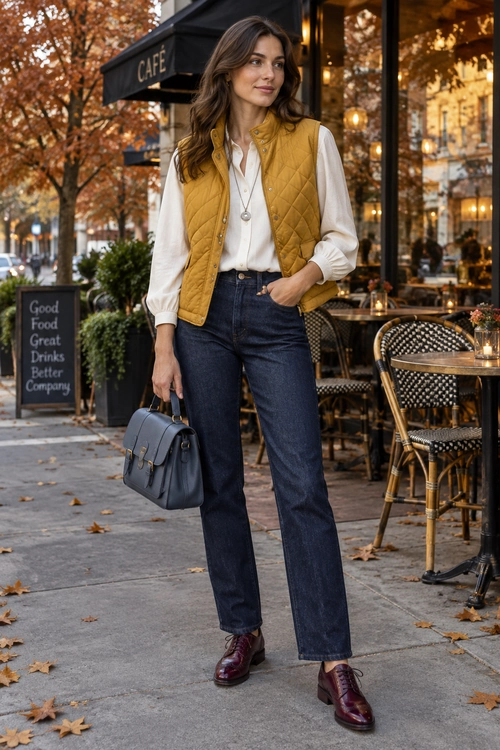 Mustard Quilted Vest and Dark Denim Outfit Woman wearing a mustard quilted vest over a white blouse with dark wide-leg jeans, burgundy lace-up boots, and a structured navy handbag.