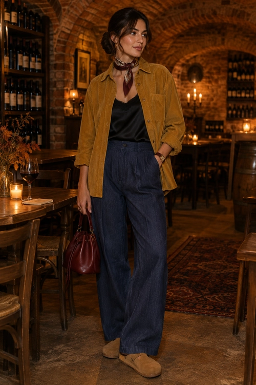 Woman wearing a mustard overshirt over a black camisole with a neck scarf, wide-leg dark jeans, tan shoes, and a burgundy handbag.
