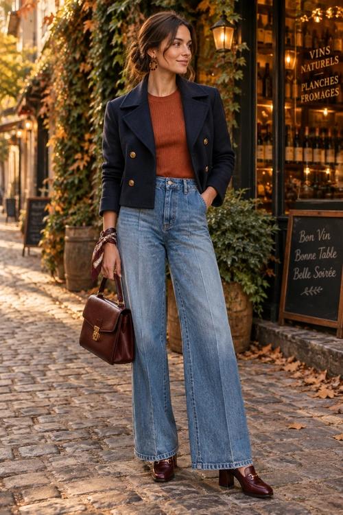 A woman wears a navy double-breasted blazer over a rust ribbed top with high-waisted wide-leg jeans, burgundy ankle boots, and a brown leather handbag.