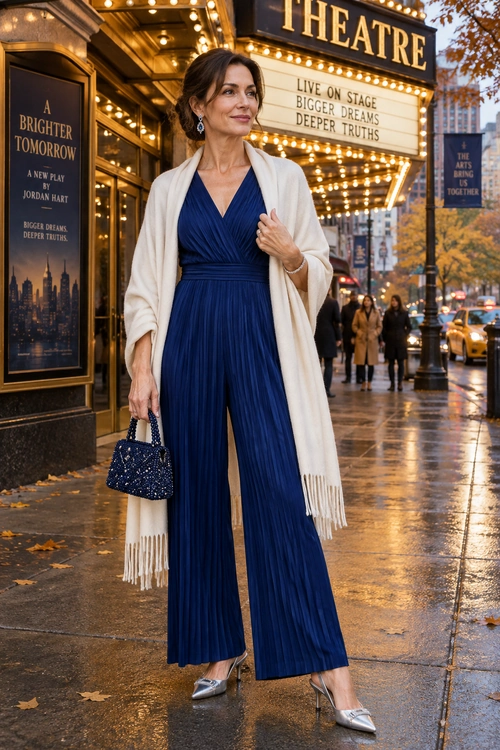 Navy Pleated Jumpsuit with Fringed Wrap Woman wearing a navy pleated wide-leg jumpsuit with a cream fringed wrap, silver heels, and a dark beaded handbag outside a theatre.