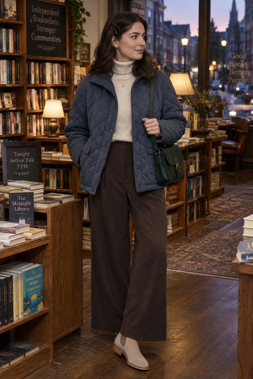 A woman wears a navy quilted jacket over a cream turtleneck sweater with brown wide-leg trousers, beige ankle boots, and a dark green shoulder bag.