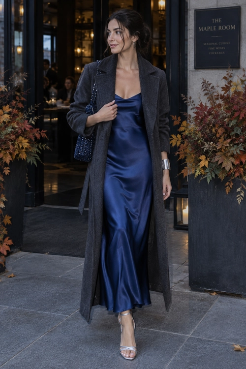 A woman wears a navy satin maxi dress with a long charcoal gray coat, textured shoulder bag, cuff bracelet, and silver heeled sandals.