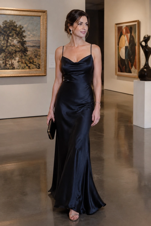 A woman wears a floor-length navy satin slip dress with thin straps, a black clutch, delicate jewelry, and open-toe sandals in an art gallery.