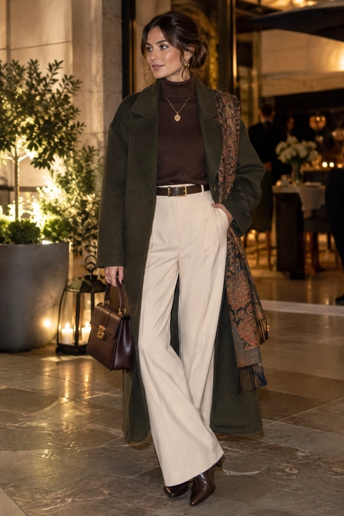 Woman wearing a long olive coat over a brown turtleneck and cream wide-leg trousers, styled with brown boots, a patterned scarf, a burgundy handbag, and gold jewelry.