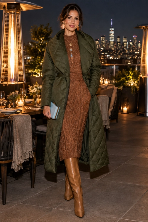 Woman wearing a long olive quilted coat over a brown midi dress with tan knee-high heeled boots and layered jewelry.