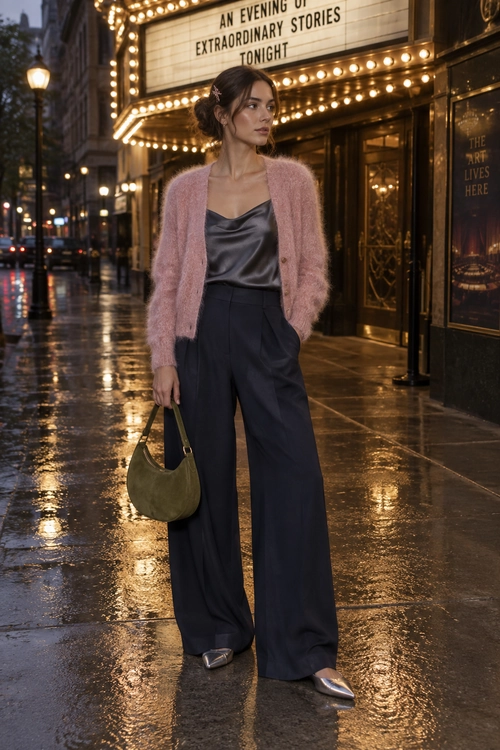 Pink Cardigan and Wide-Leg Trousers A woman wears a fuzzy pink cardigan over a dark satin camisole with wide-leg trousers, silver pointed shoes, and an olive shoulder bag.