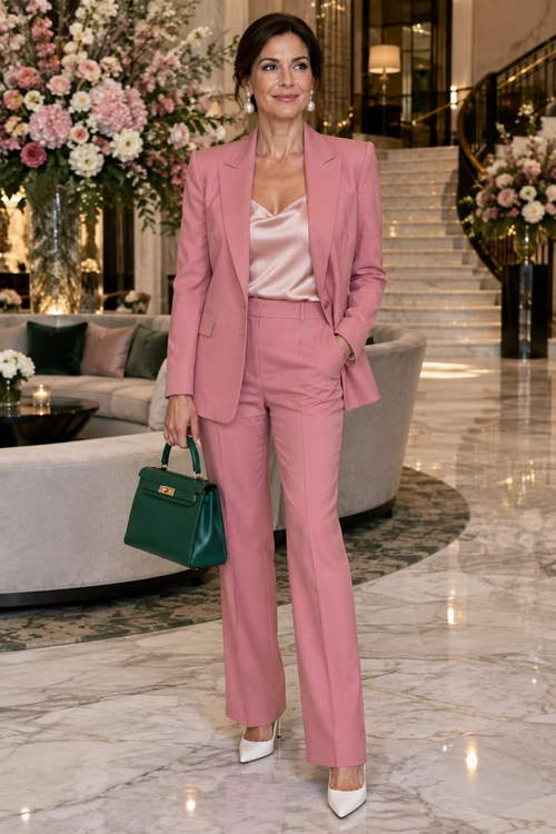 Woman wearing a pink tailored suit with a satin camisole, white pointed-toe pumps, and a structured green handbag.