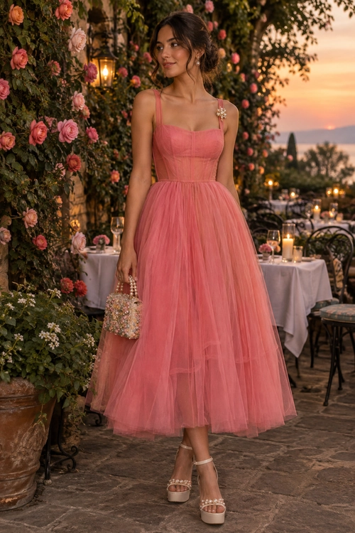 Pink Tulle Evening Dress A woman wearing a coral pink tulle dress with platform sandals and a beaded clutch at an outdoor evening setting.