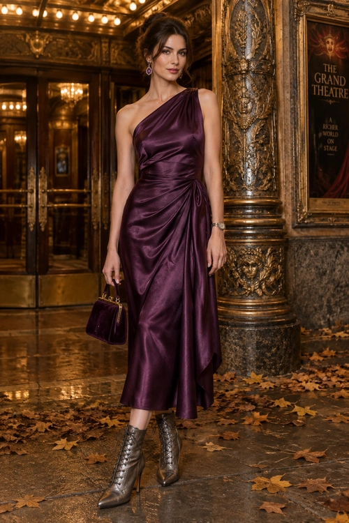 Plum One-Shoulder Satin Dress A woman wears a draped plum satin one-shoulder midi dress with metallic lace-up ankle boots and a matching handbag.