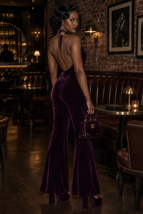 Plum Velvet Backless Jumpsuit A woman wears a deep plum velvet backless jumpsuit with flared legs, platform heels, drop earrings, and a structured handbag.