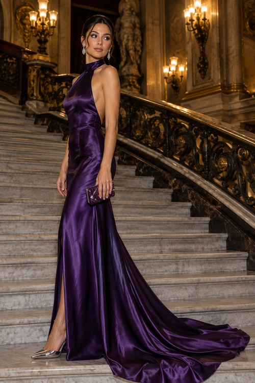 Purple Satin Halter Gown A woman wears a floor-length purple satin halter gown with a long train, silver pointed heels, drop earrings, and a jeweled clutch on a grand staircase.