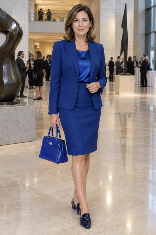Royal Blue Blazer and Skirt Suit Woman wearing a royal blue blazer, satin blouse, knee-length skirt, matching handbag, and dark loafers.