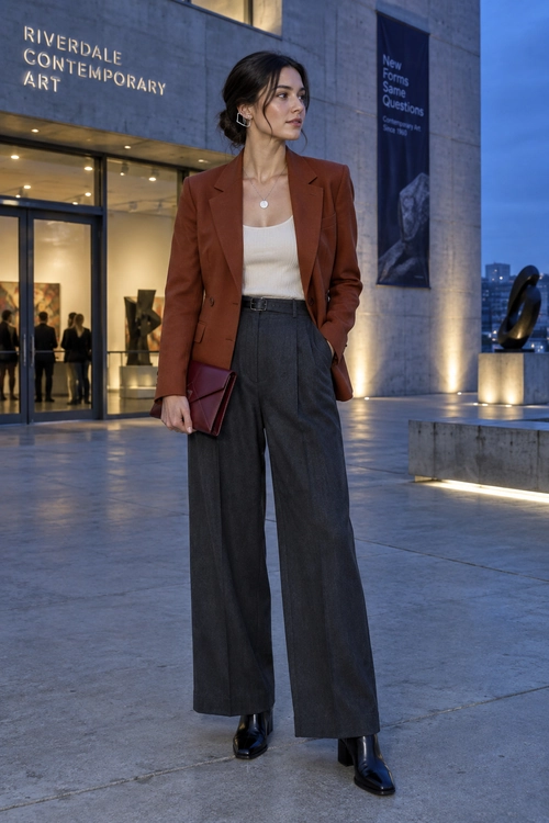 Rust Blazer and Wide-Leg Trousers A woman wears a rust blazer over a cream tank top with charcoal wide-leg trousers, black ankle boots, and a burgundy clutch.