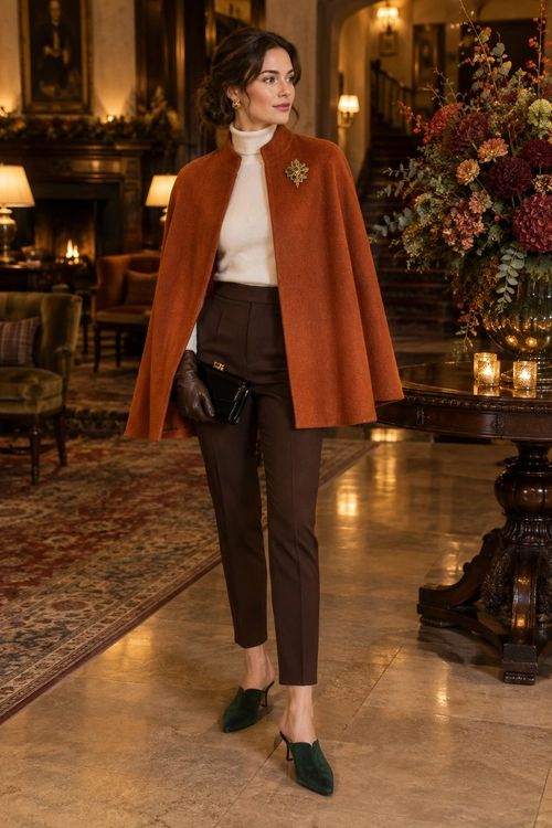 A woman wears a rust-colored cape over an ivory turtleneck, brown tailored trousers, and dark green mule shoes.