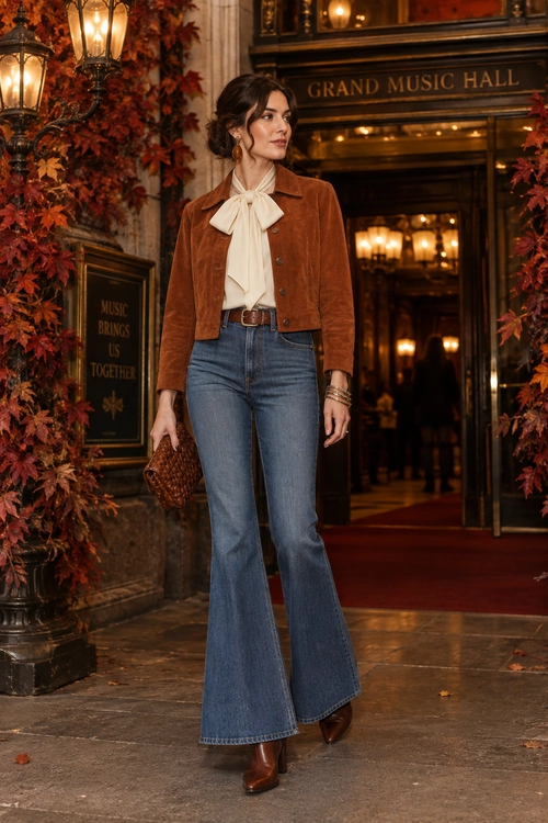 A woman wears a rust cropped jacket over a cream bow-neck blouse with blue flared jeans, brown ankle boots, and a woven brown clutch.
