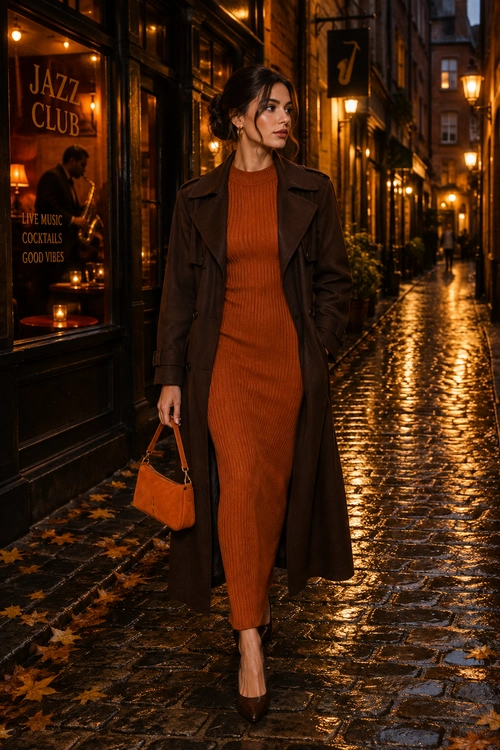 A woman wears a rust ribbed knit dress with a long dark brown coat, brown pointed heels, and a matching handbag.
