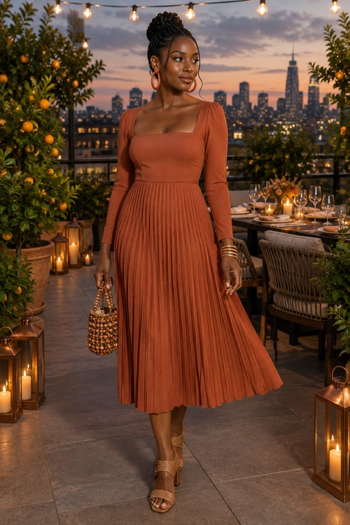 Woman wearing a rust-colored long-sleeve pleated midi dress with hoop earrings, stacked bracelets, a beaded handbag, and strappy heeled sandals.