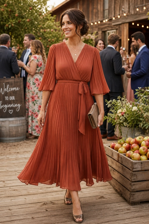 A woman wears a rust-colored pleated wrap dress with a tied waist, layered necklaces, tan clutch, and open-toe heels at an outdoor celebration.