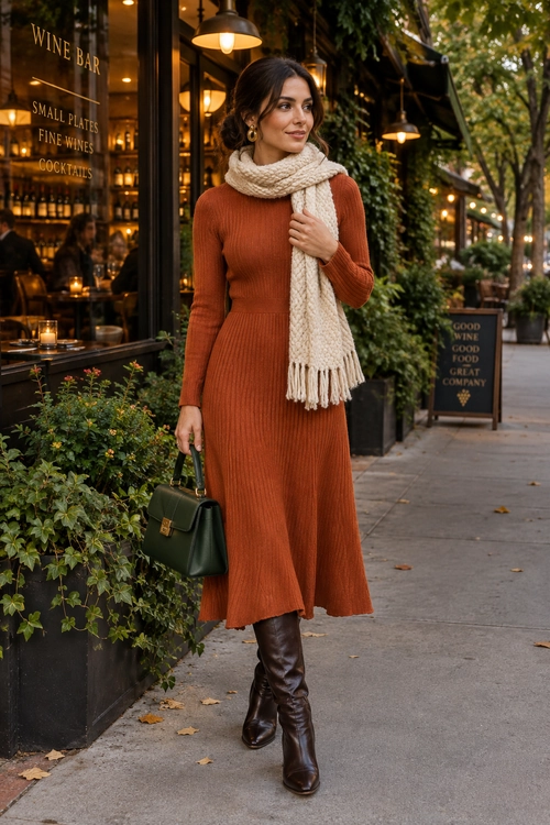 Rust Ribbed Dress with Knit Scarf A woman wears a rust ribbed midi dress with a cream knit scarf, dark brown knee-high boots, and a structured dark green handbag.