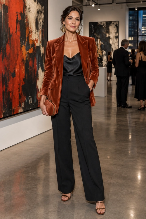 Rust Velvet Blazer with Black Wide-Leg Trousers A woman wears a rust velvet blazer over a black satin camisole with high-waisted wide-leg trousers, strappy heels, a clutch, and drop earrings.