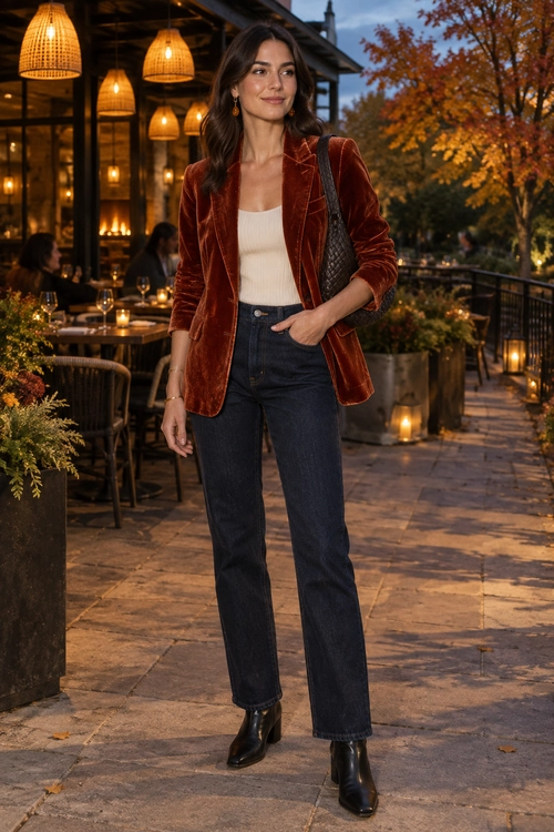 Woman wearing a rust velvet blazer, cream top, dark wide-leg jeans, black ankle boots, and a quilted shoulder bag.
